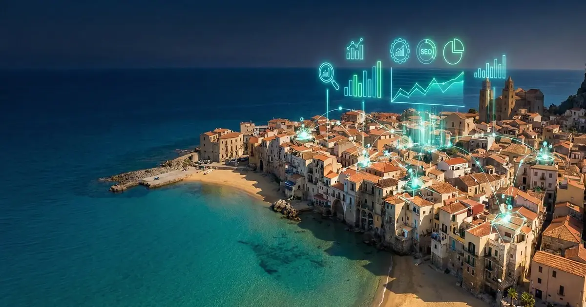 Consultor SEO en Calafell — Vista aérea de Calafell con iconos de posicionamiento web