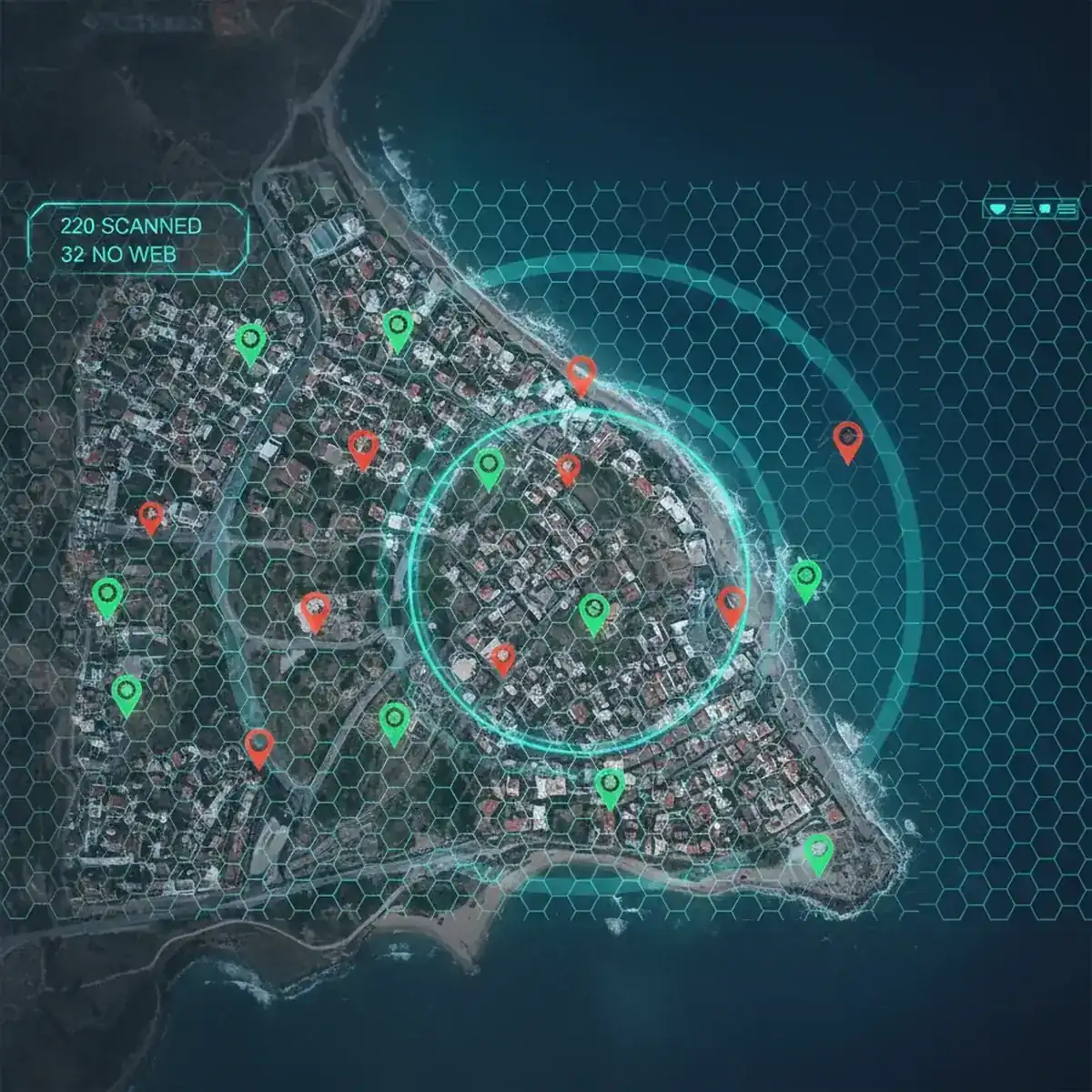 Vista aérea del Radar escaneando negocios de la costa — 220 escaneados, 32 sin web